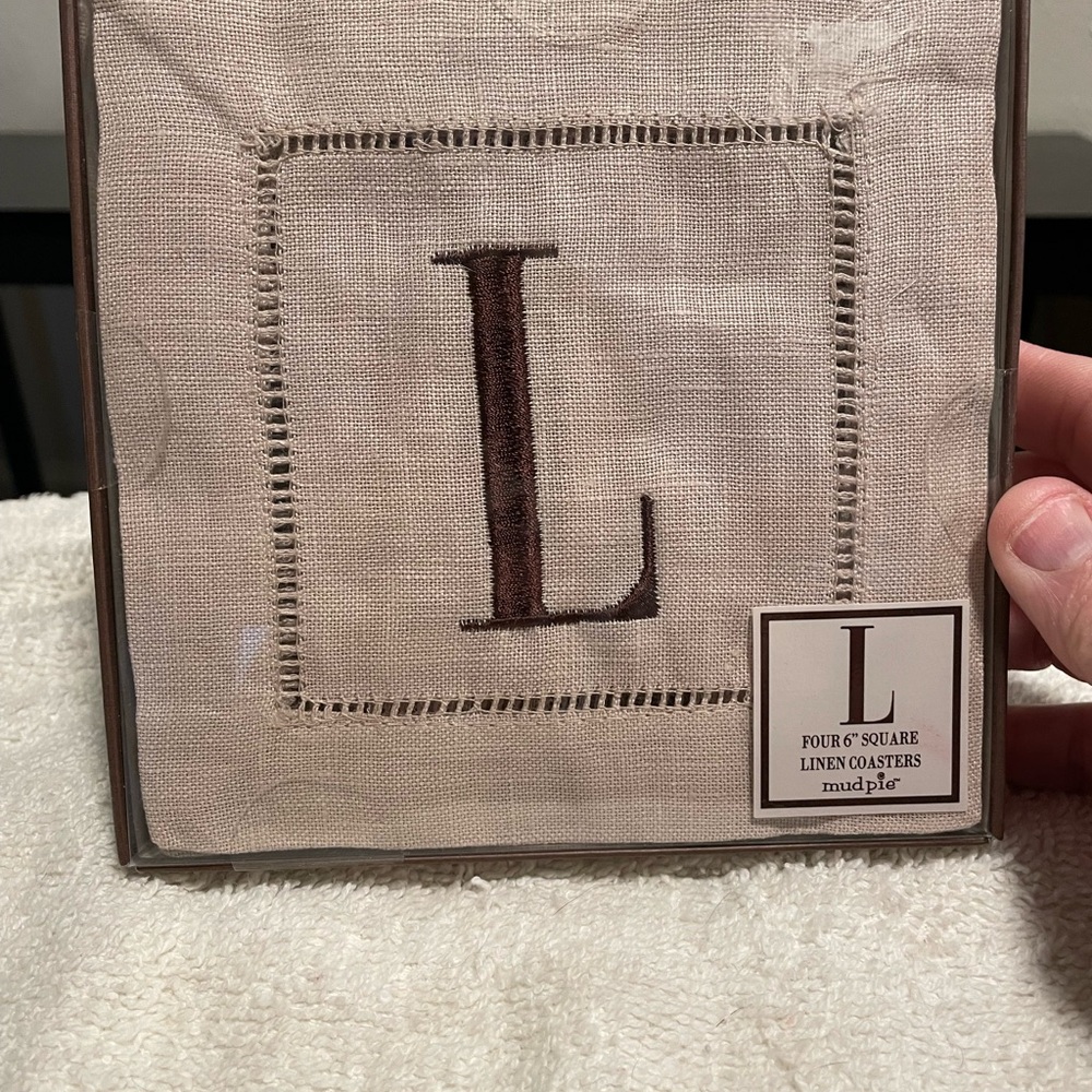 Mud Pie Linen Coasters with Brown Monogram
